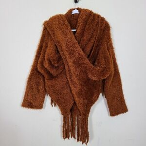 Maaz Rust Orange Fuzzy Knit Fringe Scarf Cardigan‎ Winter Maximalism Boho Chunky
